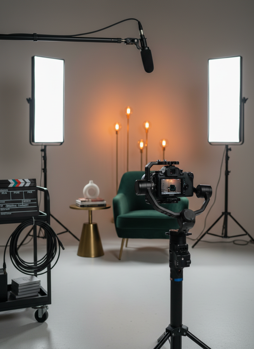 A meticulously arranged video production corner in a contemporary studio, devoid of people, with a mirrorless camera in a metal cage mounted on a motorized gimbal, pointed toward an empty, stylish set composed of a velvet armchair and a side table with abstract decor. Two tall LED panel lights with soft diffusers flank the set, while a directional microphone on a boom arm hovers above, not entering the frame of the imaginary shot. A clapperboard labeled “ETTO – Creative Concept” rests on a nearby cart alongside coiled cables and neatly stacked SSDs. Subtle tungsten practical lights in the background add warm spots of glow. Photographic realism, three-quarter angle, with cinematic contrast and a focused, professional mood, capturing ETTO’s expertise in refined, story-driven video content creation.