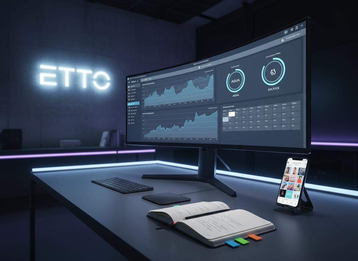 An atmospheric social media command center, completely without humans, featuring a large ultra-wide curved monitor displaying a sophisticated social analytics dashboard with graphs, engagement metrics, and scheduled posts for multiple brands. Surrounding the monitor on a matte charcoal desk are a slim wireless keyboard, a minimalist trackpad, an open notebook with color-coded sticky tabs, and a smartphone set on a charging stand showing a live preview of an Instagram grid. In the background, an illuminated ETTO logo in frosted glass glows softly on a textured concrete wall. Cool, dim ambient lighting contrasts with the crisp brightness of the screens, creating a moody, cinematic effect. Photographic realism with a low-angle perspective, shallow depth of field, communicating data-driven precision, strategic planning, and a high-end communication agency atmosphere.