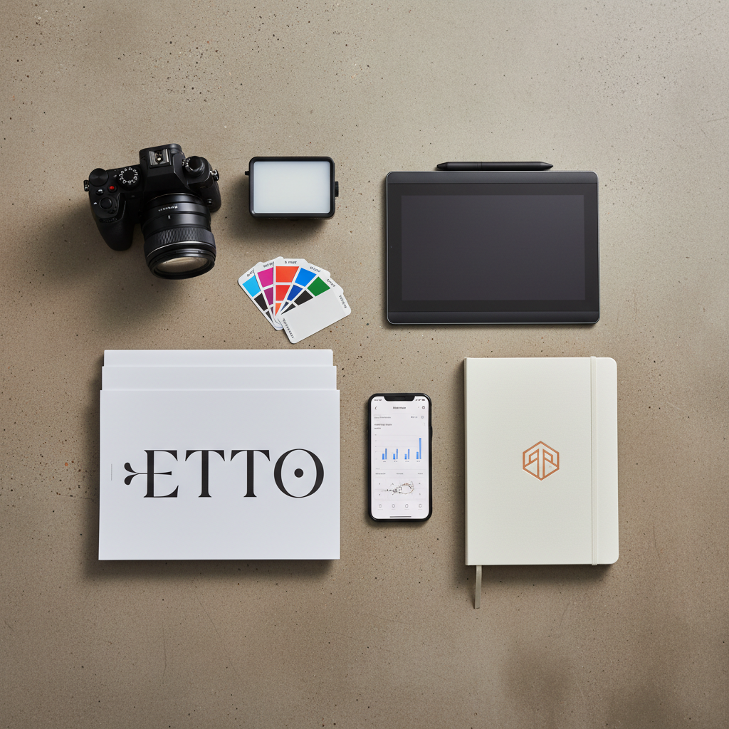 An elegant flat lay of communication agency tools arranged with meticulous precision on a warm concrete surface, no people present. A high-end mirrorless camera with a prime lens, a compact LED video light panel, a slim graphics tablet with stylus, color calibration cards, and a stack of refined printed moodboards labeled “ETTO” form a balanced composition. A smartphone shows an analytics dashboard, while a minimalist notebook with embossed copper logo lies open with blank pages. Cool, diffused studio lighting from above creates soft, even illumination and crisp shadows, emphasizing textures of metal, paper, and rubber. Photographic realism with a sophisticated, editorial feel, shot top-down with sharp focus across the frame, communicating order, professionalism, and refined creativity.