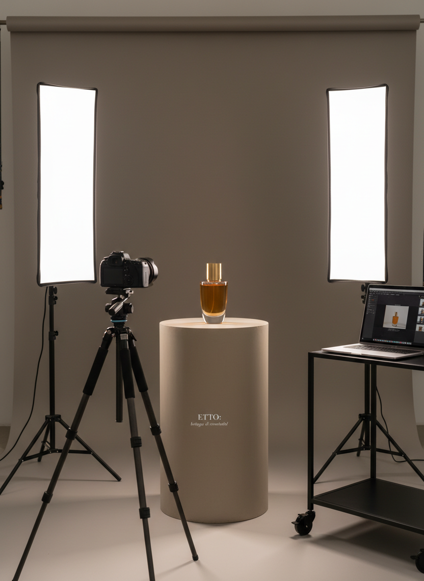 A premium product photography setup in a minimalist studio, with no humans, showing a single luxury object—an amber glass perfume bottle with a brushed metal cap—placed on a matte beige pedestal. Surrounding it are two softbox lights on slender black stands, a tripod-mounted camera aimed precisely at the bottle, and a laptop on a nearby rolling cart showing tethered capture software with live thumbnails. The backdrop is a seamless warm gray paper sweep, subtly curved. Soft, controlled studio lighting creates delicate reflections in the glass and a soft shadow behind the bottle. Shot in photographic realism from a three-quarter angle, with moderate depth of field, the scene feels meticulous, elegant, and artisanal, expressing ETTO’s ‘bottega di creatività’ approach to high-end photography and content creation.