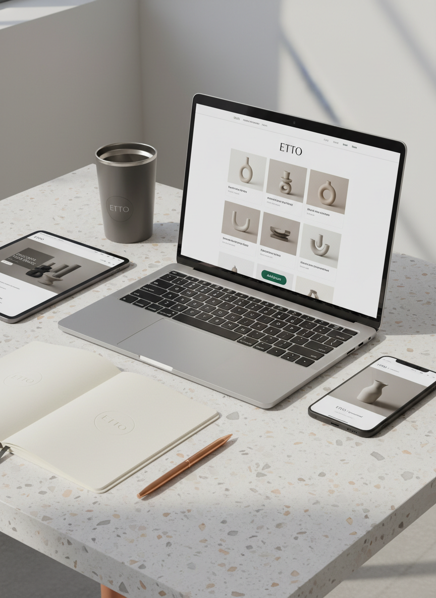 A sophisticated e-commerce scene focusing on an immaculate laptop placed on a pale terrazzo table, no people visible. On screen, a refined online shop branded “ETTO” showcases perfectly aligned product cards, clean typography, and a highlighted “Add to cart” button. Beside the laptop, a tablet displays a sleek landing page mockup with bold hero imagery, while a smartphone shows a targeted social ad preview. Subtle branding elements—an embossed ETTO notebook, a copper pen, and a discreet logo on a coffee tumbler—complete the composition. Soft, diffused daylight from an unseen window creates gentle reflections on the screens and smooth gradients on the terrazzo. Photographic realism, slightly angled side view, with a calm, strategic atmosphere emphasizing integrated digital services from e-commerce to landing pages and sponsored campaigns.