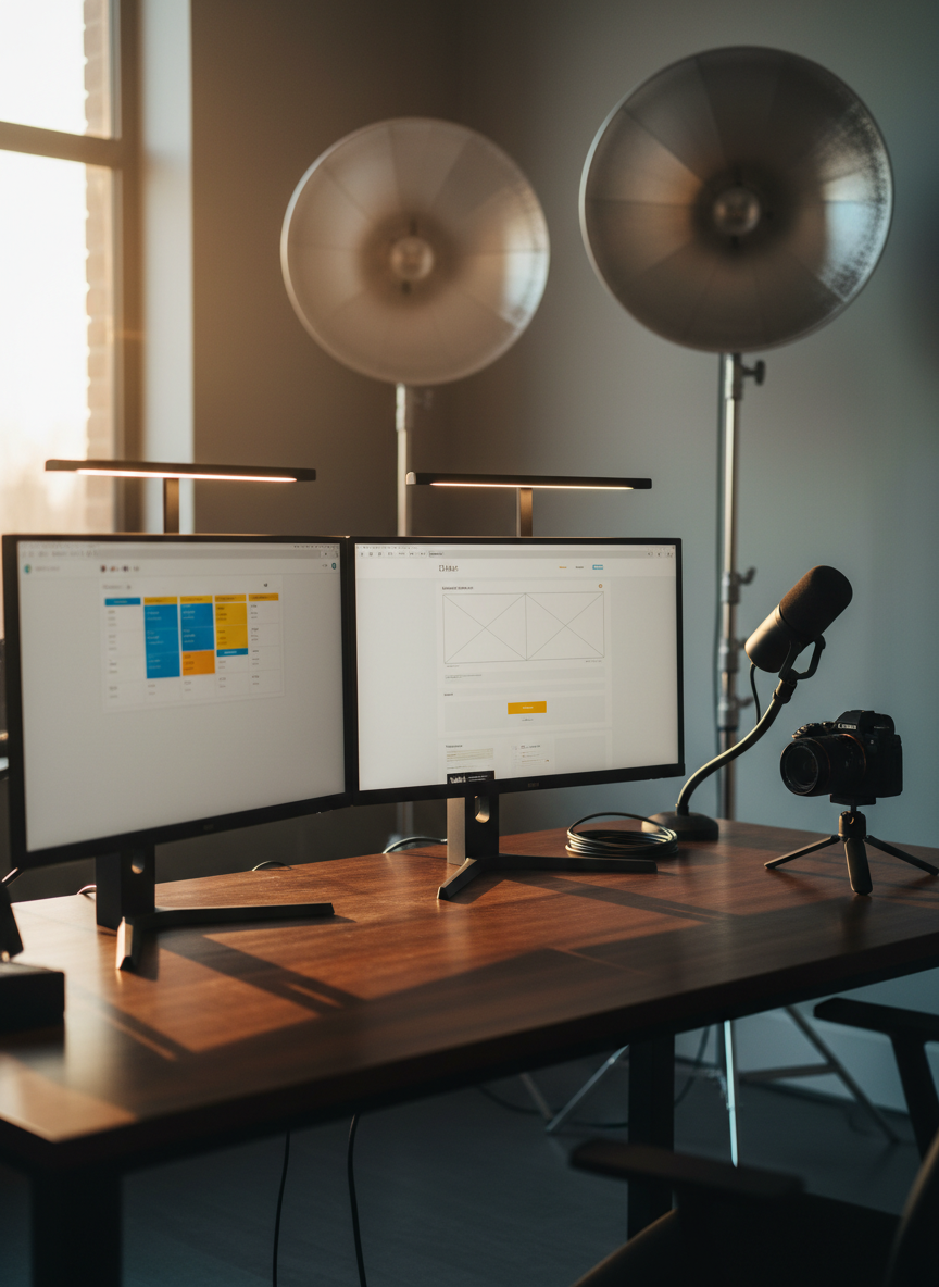 A polished dark-wood workstation set up for content creation, without any people, featuring a dual-monitor setup displaying a vibrant social media content calendar on one screen and a landing page wireframe on the other. A compact mirrorless camera sits on a small tripod beside a directional microphone and a neatly coiled HDMI cable. A pair of wireless studio lights with silver reflectors stand in the background, slightly out of focus. Golden hour light enters through a side window, merging with soft, cool LED task lighting to create a balanced, cinematic glow. Photographic realism, eye-level composition with a gentle depth of field, the atmosphere refined yet approachable, evoking the behind-the-scenes precision of ETTO’s photography, video, and sponsored campaign planning.