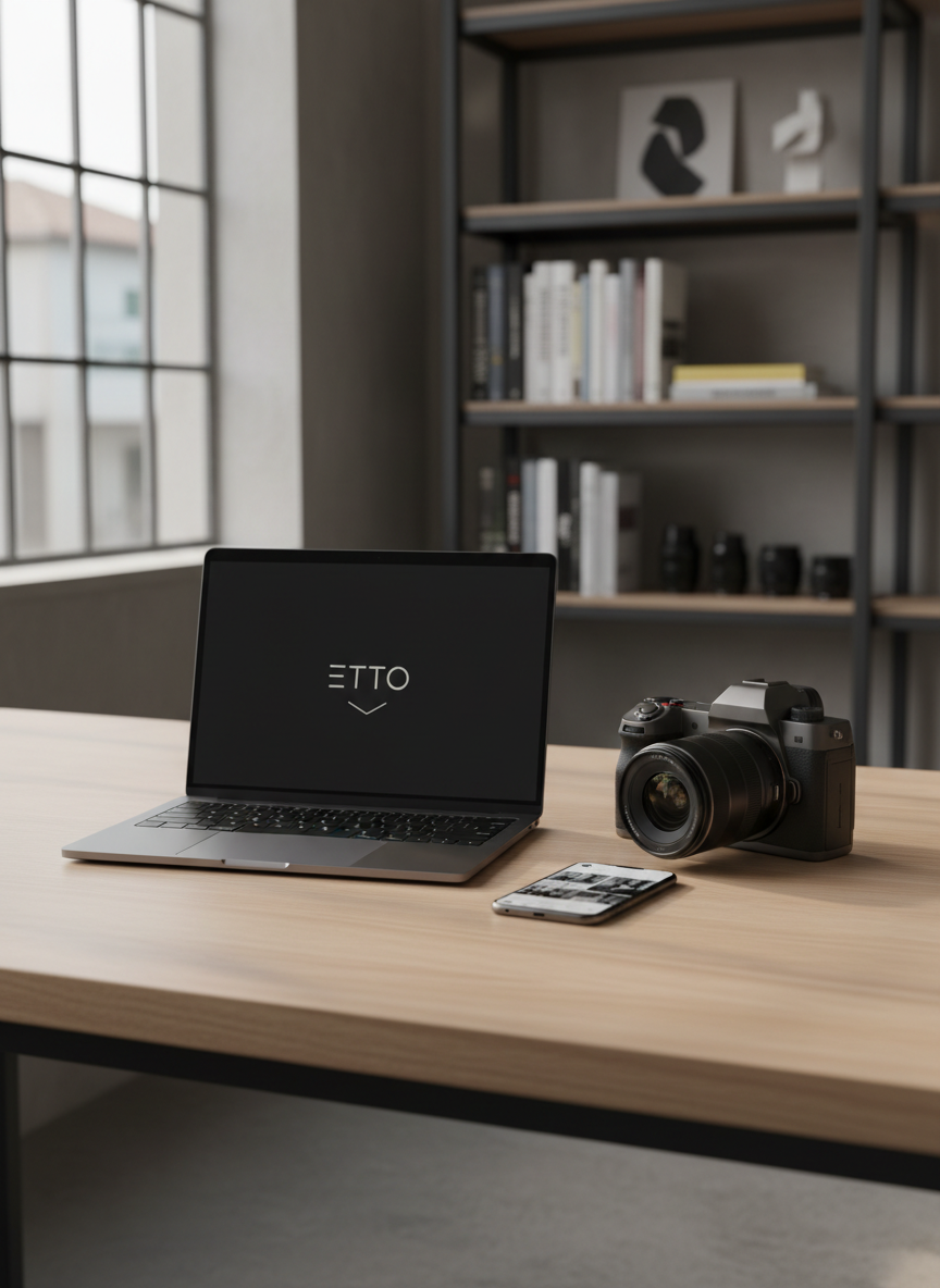 A sophisticated creative studio desk seen from a slightly elevated angle, without any humans, featuring a sleek matte-black laptop displaying a minimalist ETTO logo, a full-frame mirrorless camera with a metal body and textured grip, and a slim smartphone showing a clean social media feed. The desk is a pale oak surface with subtle grain, positioned near a large industrial window. Soft afternoon natural light pours in, creating gentle highlights on metal edges and a calm gradient of shadows. In the blurred background, shelves hold neatly arranged design books and camera lenses. Photographic realism, clean and modern aesthetic, shallow depth of field, with the mood conveying quiet focus, craftsmanship, and the idea of a ‘bottega di creatività’ where strategy and visuals are carefully crafted.